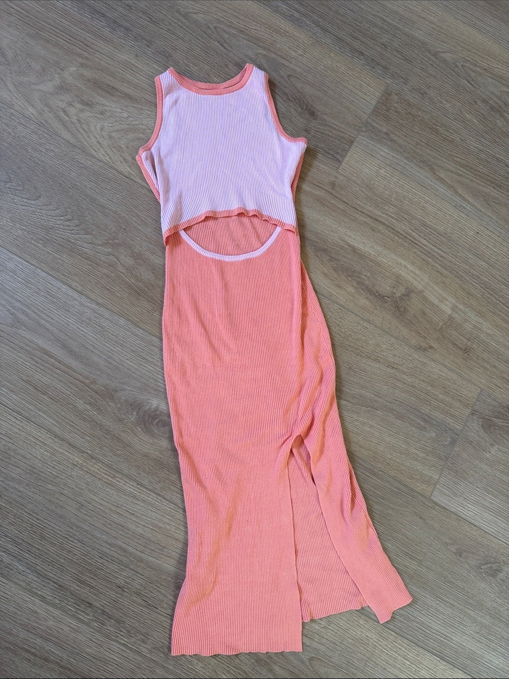 Two-Tone Pink Coral Ribbed Cutout Maxi Dress